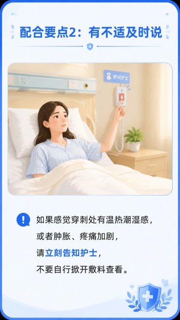 [第7屏] 注意事项2：有不适及时告知护士
[氛围/风格] 清晰温馨提示风格，重点突出，引导正确做法
[元素布局] 顶部标题，中间情景插画（患者按呼叫铃示意），下方文字说明，插画占上半部分，文字占下半预览效果