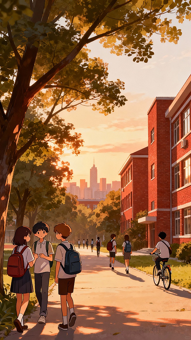 校园黄昏，插画动漫风格，黄昏光影、城市建筑、生活气息。画面温馨，有人物