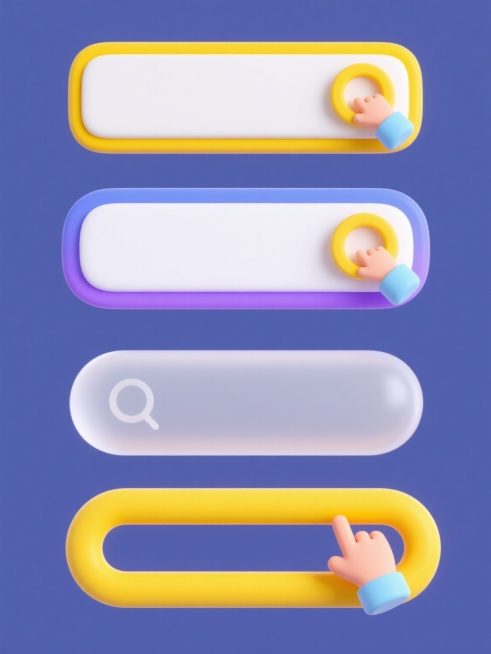 一套4个不同造型的3D卡通风格搜索框元素集合，保持统一的圆润边角设计语言与明亮色彩搭配，每个搜索框均配有相同的黄色圆形放大镜按钮和浅蓝色袖口的卡通手指点击图标，元素以规整的网格状排布在纯色背景上。第一个搜索框为基础圆角矩形带黄色细边框设计，第二个为渐变蓝紫色圆角矩形搭配白色内阴影效果，第三个是半透明磨砂质感的浅灰色胶囊形搜索框，第四个采用黄色主调的双层嵌套圆角矩形设计，所有元素保持相同的视觉层……预览效果