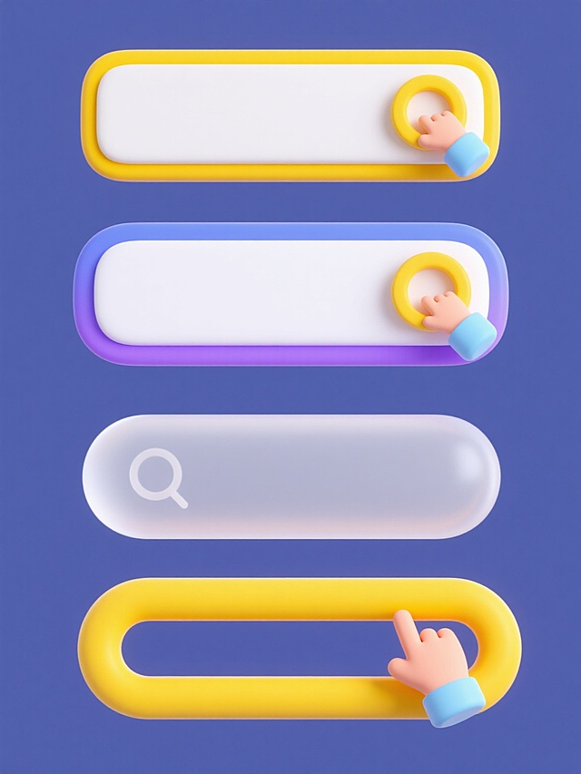 一套4个不同造型的3D卡通风格搜索框元素集合，保持统一的圆润边角设计语言与明亮色彩搭配，每个搜索框均配有相同的黄色圆形放大镜按钮和浅蓝色袖口的卡通手指点击图标，元素以规整的网格状排布在纯色背景上。第一个搜索框为基础圆角矩形带黄色细边框设计，第二个为渐变蓝紫色圆角矩形搭配白色内阴影效果，第三个是半透明磨砂质感的浅灰色胶囊形搜索框，第四个采用黄色主调的双层嵌套圆角矩形设计，所有元素保持相同的视觉层级与可爱卡通氛围。