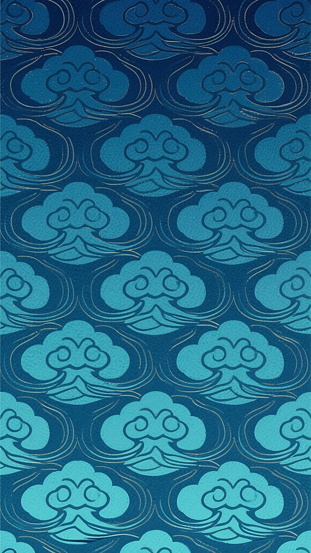 一张具有中国传统纹样风格的无缝背景图案，整体采用深蓝色与青色的渐变色调，由连续重复的流畅线条勾勒出的祥云和波浪图案组成，线条细腻均匀，呈现出典雅的东方美学韵味，图案排列整齐有序，具有高度的对称性和节奏感，适合作为传统文化主题的背景装饰使用。