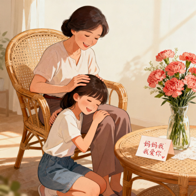 岁岁年年感念母恩的母亲节主题插画，暖色调温馨治愈风格，展现亲子互动、子女感恩母亲的温暖日常场景，充满浓郁亲情氛围，画质细腻预览效果