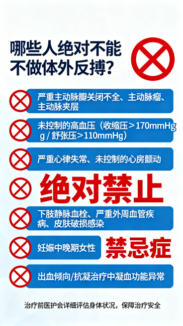 医疗科普禁忌信息图，主题是"哪些人绝对不能做体外反搏？"，整体为简洁醒目的医疗科普扁平风格，顶部醒目标题旁配大号红色禁止警示图标。分条列出禁忌人群，每个条目左侧配红色圆形禁止符号，重点关键词"绝对禁止预览效果