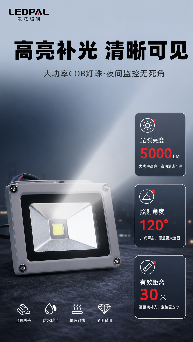 报警监控补光灯产品位于左下方，灰色金属外壳原貌不变，灯珠朝右上… - 图片创意预览