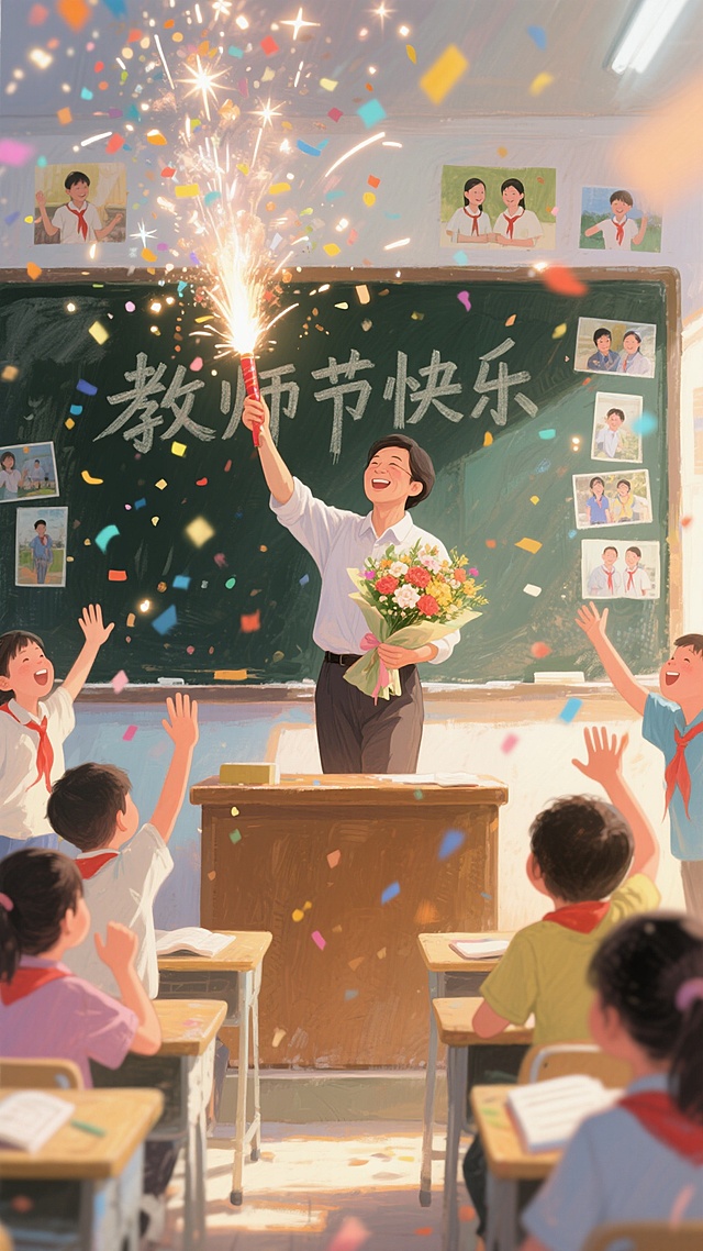 插画风教师节场景，漫画式喜庆表达，色彩斑斓的礼花与欢笑学生，营造温馨节日氛围。