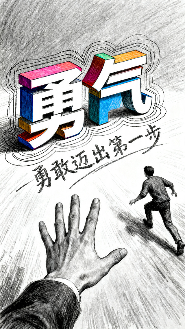素描风格，第一人称视角，伸出张开的右手，身体右侧前倾，前方是两个带颜色的立体字“勇气”，文字周围环绕多层素描线条，“勇气”下方有一行横排素描小字，写着“勇敢迈出第一步”