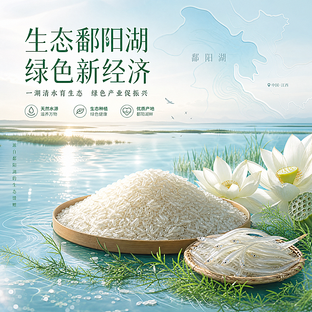 「生态鄱阳湖、绿色新经济」电商视觉设计，整体以鄱阳湖湿地水域、赣鄱水乡肌理、生态水田为基底视觉，融合江西水利水文线条、波光水纹、浅青湖雾，营造纯净自然的生态氛围感，整体色调以清浅湖绿、柔雾米白、通透浅蓝为主，弱化浓艳色彩，突出高端清新的电商质感。主视觉场景：澄澈的鄱阳湖湖面波光粼粼，晨光穿透薄雾洒向湿地滩涂，生态大米饱满堆叠于浅木托盘，银鱼鲜润透亮、白莲素雅舒展，农产品旁点缀浅淡的水利波纹线条、原生水草，背景隐现鄱阳湖水域轮廓，画面层次干净通透，无冗余元素，直观传递水源滋养、生态种植、天然健康的核心卖点，适配1:1主海报的视觉重心，强化产品原生属性与地域辨识度。