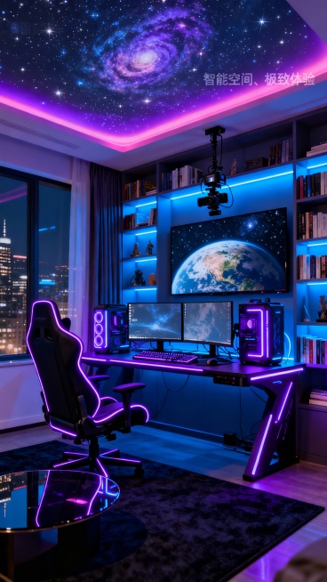 该广告图采用横版构图，整体为未来科技感的沉浸式电竞房实景。画面中心为一张双屏电脑桌，配备发光主机与机械键盘，前方是黑色人体工学椅，轮廓被紫色灯光勾勒。右侧设大型电视墙，播放地球星夜画面，上方悬挂专业摄预览效果