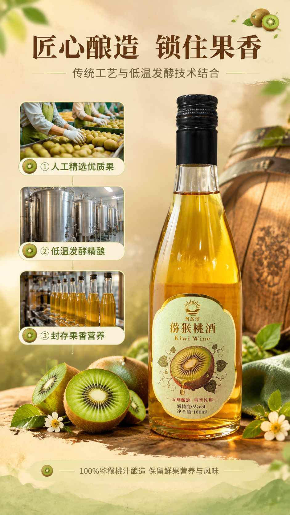 [商品] 使用【图1】黄荡湖牌猕猴桃酒置于画面中部偏右，占画面… - 图片创意预览