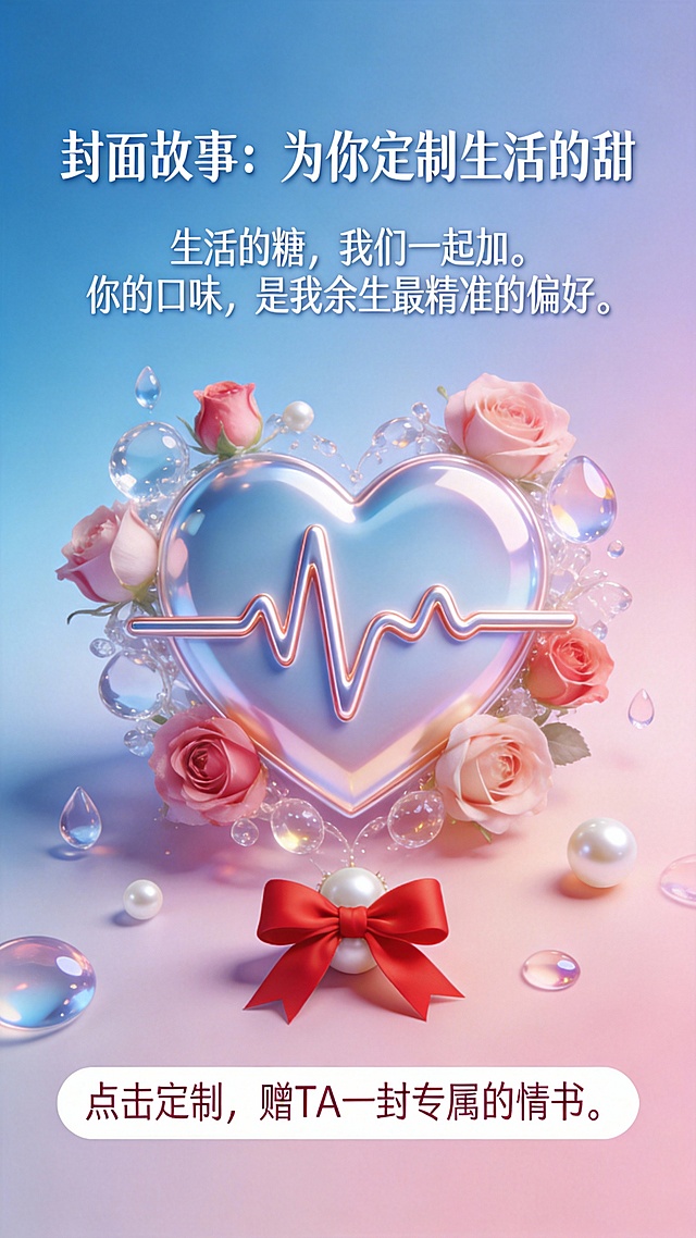 3D玻璃风心形脉动设计，融合液态光感与玫瑰花环，营造梦幻浪漫氛围，清透柔和色调传递甜蜜情感，重拟物质感强化视觉沉浸感。