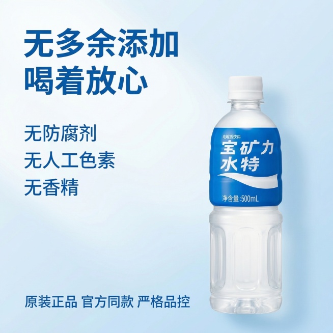 [主图 4]宝矿力电解质水品质信任背书展示
[氛围/风格]干净安心，简约专业，突出无添加品质感
[画面元素]保留原图宝矿力产品外观，产品放置右下，背景为干净浅白色，搭配淡淡的蓝色渐变，整体简洁，无边框预览效果