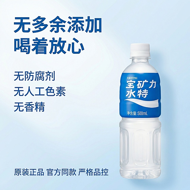 [主图 4]宝矿力电解质水品质信任背书展示
[氛围/风格]干净安心，简约专业，突出无添加品质感
[画面元素]保留原图宝矿力产品外观，产品放置右下，背景为干净浅白色，搭配淡淡的蓝色渐变，整体简洁，无边框满铺
[配色色系]主色调：浅白，辅助色：蓝色
[视角构图]平视左文右图，景深适中
[文字版式]主大字“无多余添加 喝着放心”加粗蓝色，放置画面左上；副文案“无防腐剂 无人工色素 无香精”三行排列在主标题下方；品牌背书文字“原装正品 官方同款 严格品控”小号蓝色放在底部；浅底深字对比清晰，不遮挡产品主体
[比例分辨率]1:1比例，2k分辨率