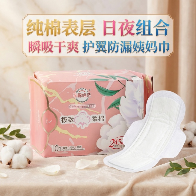 我是网店卖家，产品是女士生理期用品卫生巾，根据你的经验帮我生成一个电商主图，/提升一些包装质感，切记不要出现网络违禁词,略微提升质感包装袋生成的包装主体不能改变，/背景可以更换更适合产品的高级背景/突预览效果