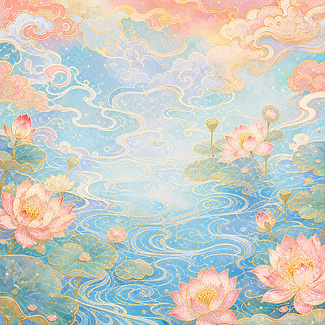 去除图中的红色锦鲤主体，保留背景的祥云、水波纹、莲花荷叶等所有背景元素，背景保持原有的粉蓝金渐变、金色描边、国潮珐琅彩画风不变，锦鲤去除后的区域用与周围一致的祥云水纹莲花自然填充，画面完整和谐，风格统一