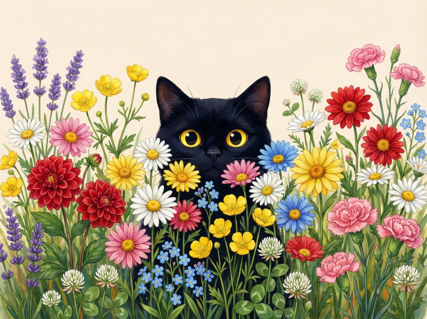 画面中间是一只大的卡通黑色的猫，眼睛是明亮的黄色，猫咪在花丛中探出头，身体下半部分被花朵遮挡。猫咪被一片野花花海环绕，包含多种色彩鲜艳的花卉：各色雏菊（白、黄、粉、红、蓝）、红色大丽花、黄色毛茛、紫色预览效果