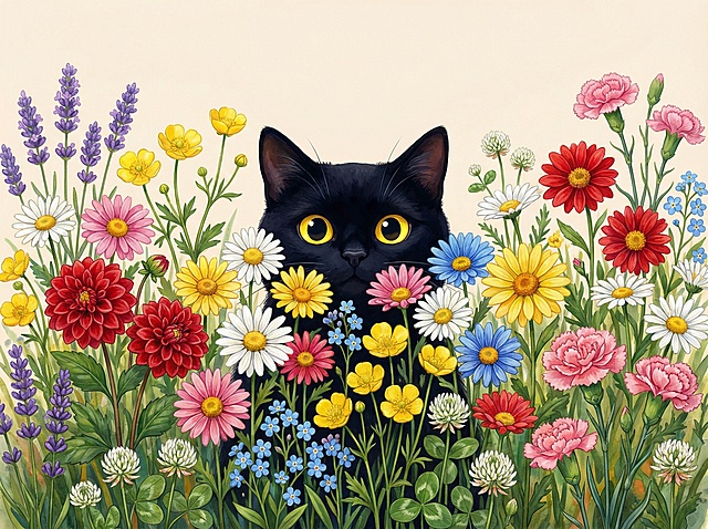 画面中间是一只大的卡通黑色的猫，眼睛是明亮的黄色，猫咪在花丛中探出头，身体下半部分被花朵遮挡。猫咪被一片野花花海环绕，包含多种色彩鲜艳的花卉：各色雏菊（白、黄、粉、红、蓝）、红色大丽花、黄色毛茛、紫色薰衣草、蓝色勿忘我、白色三叶草、粉色石竹等。花卉高低错落，层次丰富，叶片与茎干细节清晰，营造出自然野趣的花园氛围。背景是柔和的浅米色。风格为水彩/油画质感，融合现代数字绘画技术的艺术插画，光泽细腻呈现，整体画面层次丰富，高清晰度，高清画质，高分辨率，高度详细，细节丰富、色彩鲜艳，整体色彩饱和度高