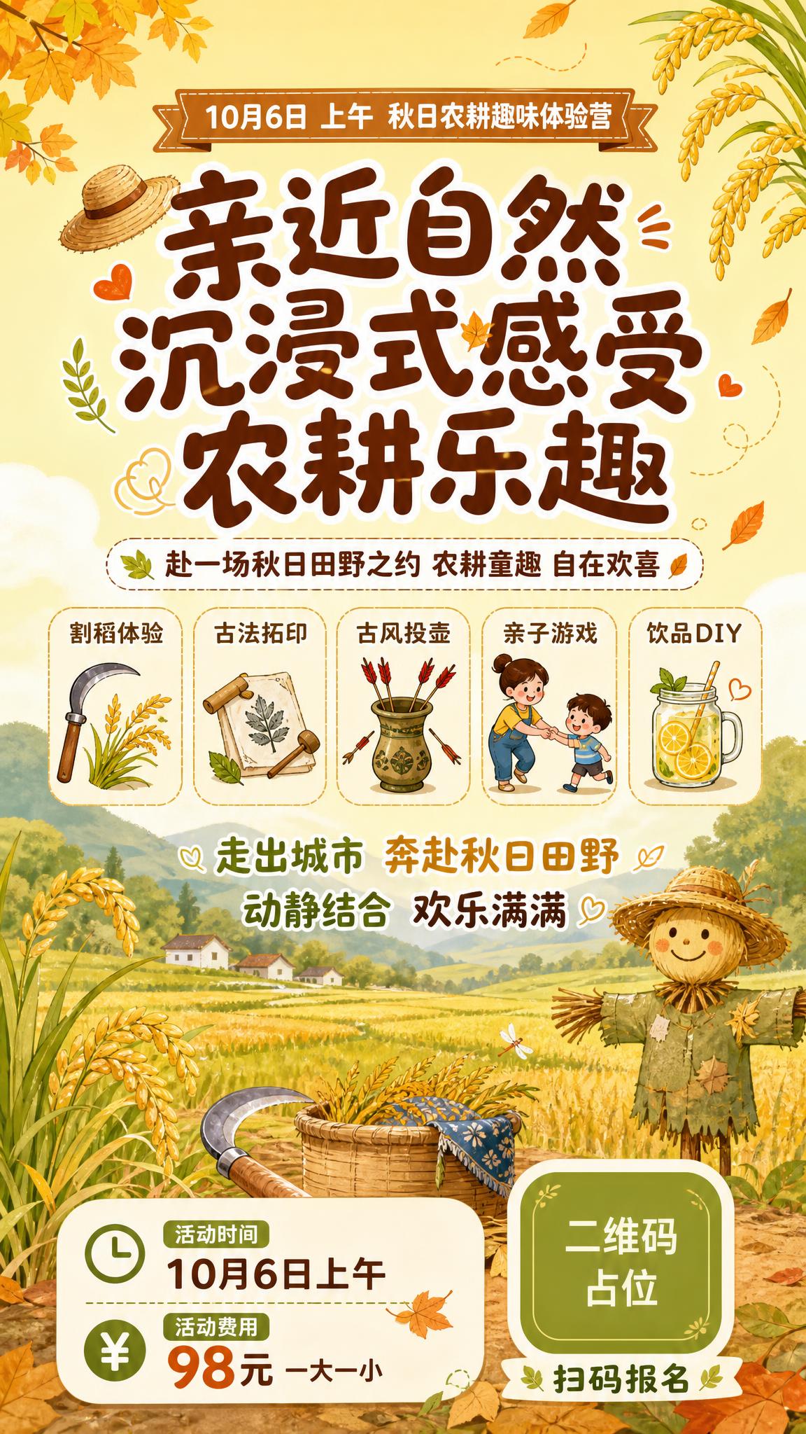 秋日农耕趣味体验营活动宣传海报，竖版9:16，自然童趣风格，金… - 图片创意预览