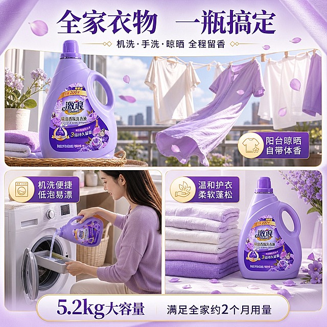 [商品] 使用【图1】激浪精油香氛洗衣液5.2kg特惠装；保留瓶身结构、颜色、Logo、标签文字；产品置于画面左侧置物架上，亚洲女性侧身在右侧操作洗衣机。
[画面] 目标：使用场景页，多场景拼贴展示家庭洗衣全场景。构图：三宫格拼图型，上格是阳台晾晒场景（洗后衣物随风飘动带花瓣香氛），左下格是女性往洗衣机倒洗衣液的操作特写，右下格是叠好的干净衣物+产品瓶身摆拍；三格之间用紫色渐变过渡，整体温馨居家氛围。
[视觉] 套系策略：风格=高级感香氛家居商业摄影；标题字=优雅衬线粗体；正文字=现代无衬线黑体；主色=紫罗兰紫；背景延展=基于紫罗兰紫做深浅渐变、同色系层次、柔光纱幔质感与织物纹理；强调色=香槟金，仅用于小面积图标、分割线和标签；标题色=深紫罗兰；正文色=炭灰紫；组件=香槟金描边圆角卡片、细金线引线、花瓣装饰；光影=右侧逆光轮廓光+前侧暖柔光，柔和长阴影。
[文字] 顶部主标题「全家衣物 一瓶搞定」，副标题「机洗·手洗·晾晒 全程留香」；每格配短标签：「阳台晾晒 自带体香」「机洗便捷 低泡易漂」「温和护衣 柔软蓬松」；底部信息条「5.2kg大容量 满足全家约2个月用量」。
[规格] 图片比例1:1，4K分辨率，负向提示：避免变形、错字、文字过小、冷蓝灰背景、产品颜色改变、人物面部失真、绝对化用语。
