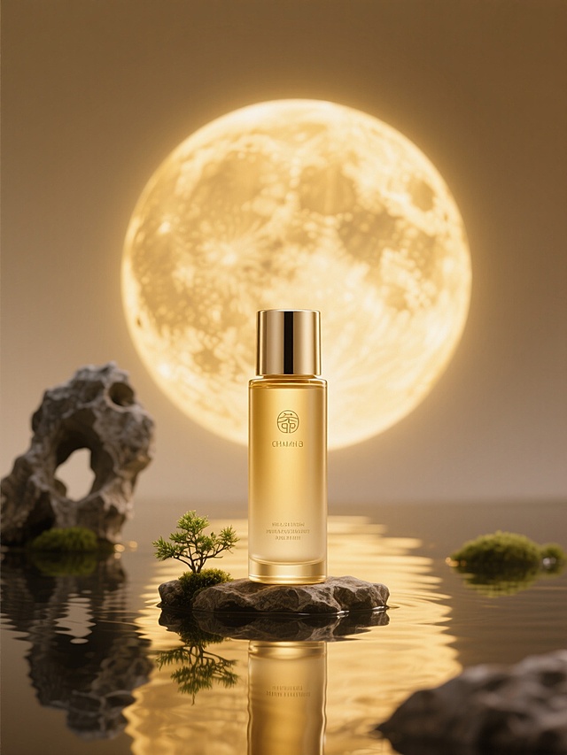 一瓶高端爽肤水特写，后方一个金色发光月亮，倒影，太湖石、小株绿植，东方意境，金色调