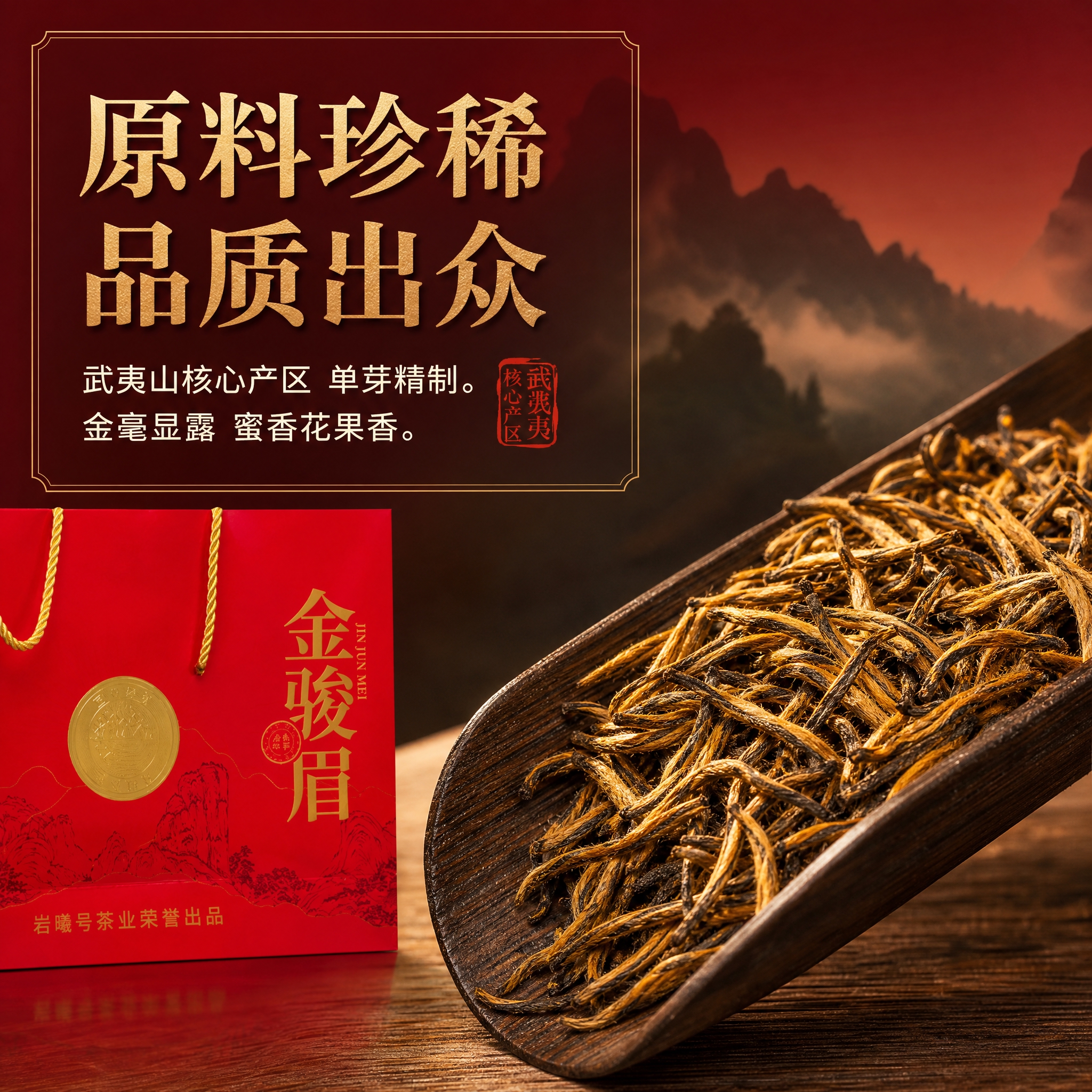 基于图中的岩曦号金骏眉红色手提袋礼盒，生成抖音电商主图第2张：… - 图片创意预览