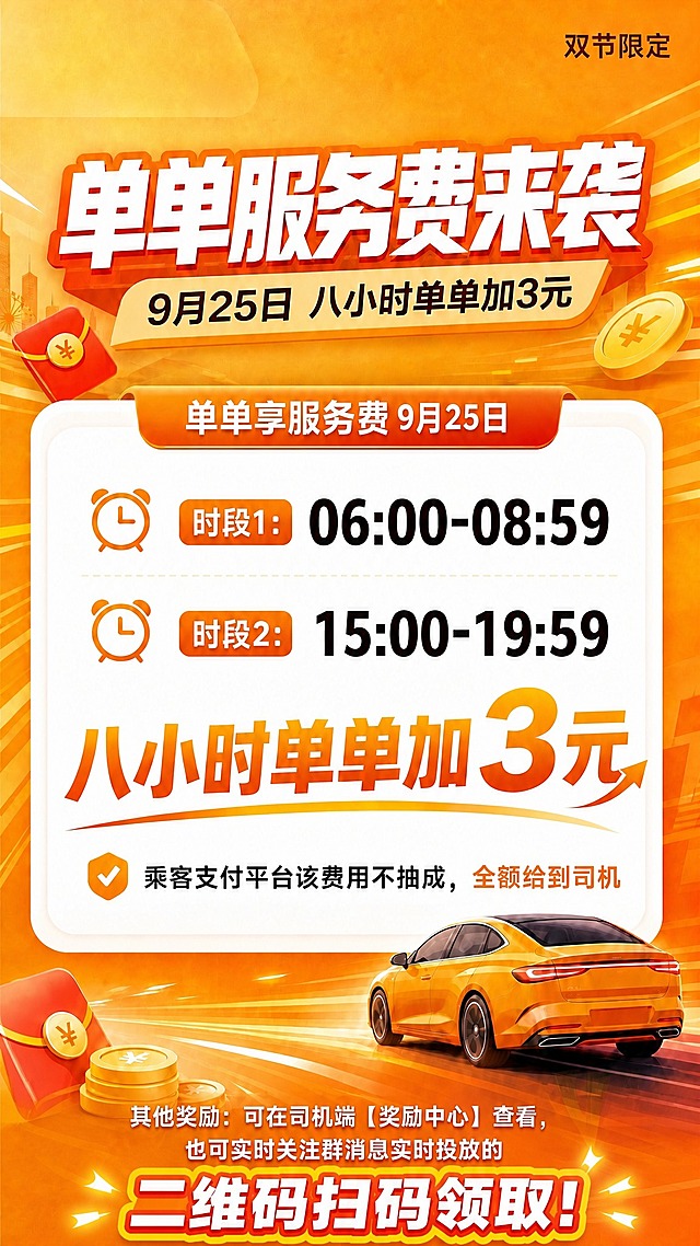 海报底部区域重新排版：上方一行小字"其他奖励：可在司机端【奖励中心】查看，也可实时关注群消息实时投放的"水平居中排列；下方"二维码扫码领取！"作为大号醒目标签独立一行，水平居中显示，字体样式保持橙黄配色的粗体效果。底部整体居中对称，去掉左侧礼物图标和右侧二维码图案。其余上方画面元素保持不变。