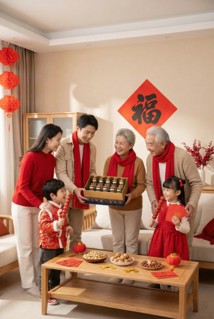 将图一的礼盒放进图二，图二的整体风格不变，桌面再加一些新年氛围的装饰品，画面中加入一个男童手持糖葫芦玩耍，再加入一个女童手持糖葫芦拿着红包。图片比例保持现在图二的尺寸不变，分辨率为350像素预览效果
