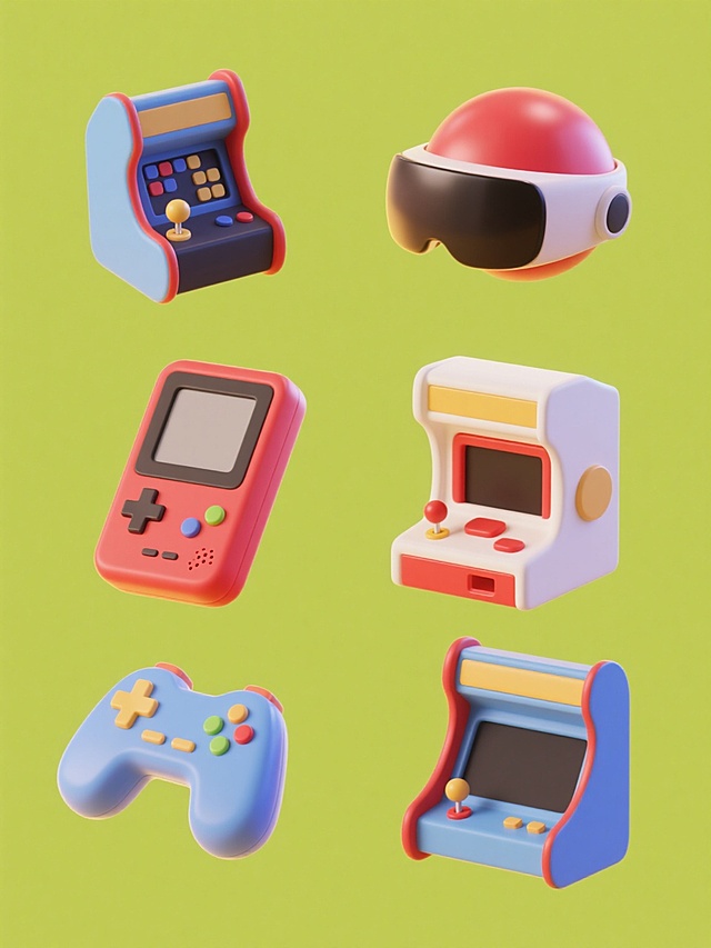 一组6个完全不同的游戏机元素集合，保持统一的3D立体风格，柔和圆润的造型，光滑的塑料质感，鲜艳明快的配色方案，每个元素都有清晰的高光和柔和的阴影，纯色背景，元素规整排布，视觉层次分明，包括街机摇杆、掌上游戏机、复古红白机、VR头盔、游戏手柄、街机框体，每个元素都具有独特的形态和细节，整体呈现出活泼、现代的设计感，符合游戏爱好者的审美，信息传达直接明了。