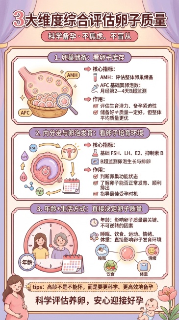 女性化配色，多用插画与图标元素的备孕科普海报，顶部大标题为"3大维度综合评估卵子质量"，副标题为"科学备孕·不焦虑、不盲从"，下方分三个板块：1. 卵巢储备：看卵子库存，核心指标：·AMH：评估整体卵预览效果