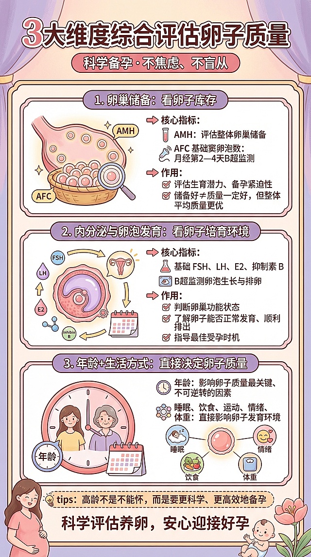 女性化配色，多用插画与图标元素的备孕科普海报，顶部大标题为"3大维度综合评估卵子质量"，副标题为"科学备孕·不焦虑、不盲从"，下方分三个板块：1. 卵巢储备：看卵子库存，核心指标：·AMH：评估整体卵巢储备·AFC 基础窦卵泡数：月经第2—4天B超监测，作用：·评估生育潜力、备孕紧迫性·储备好 ≠ 质量一定好，但整体平均质量更优；2. 内分泌与卵泡发育：看卵子培育环境，核心指标：·基础 FSH、LH、E2、抑制素 B·B超监测卵泡生长与排卵，作用：·判断卵巢功能状态·了解卵子能否正常发育、顺利排出·指导最佳受孕时机；3. 年龄+生活方式：直接决定卵子质量，·年龄：影响卵子质量最关键、不可逆转的因素·睡眠、饮食、运动、情绪、体重：直接影响卵子发育环境，底部tips：高龄不是不能怀，而是要更科学、更高效地备孕，底部收尾文案："科学评估养卵，安心迎接好孕"，每个板块搭配对应卵子、卵巢、卵泡等相关插画图标，整体风格柔和温馨