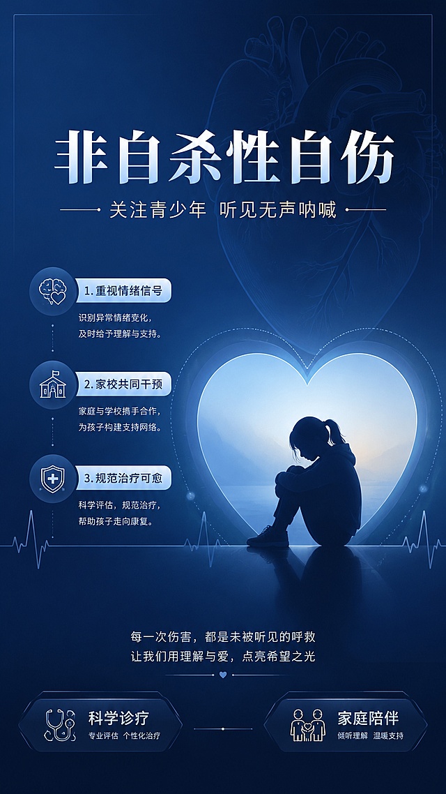 心理健康科普宣传海报，风格为专业医疗科普风，沉静克制。主视觉居中，主标题大字"非自杀性自伤"，副标题小字"关注青少年 听见无声呐喊"，左下角和右下角分别放置标签卖点："科学诊疗" "家庭陪伴"。画面左侧留白放置三个卖点标签：1.重视情绪信号 2.家校共同干预 3.规范治疗可愈。背景采用深蓝色渐变色，营造沉静专业氛围，点缀简约的心脏剪影做抽象装饰。整体版式精美，分区清晰，文字清晰可读，四边留有安全边距，色调柔和专业，分辨率4k。