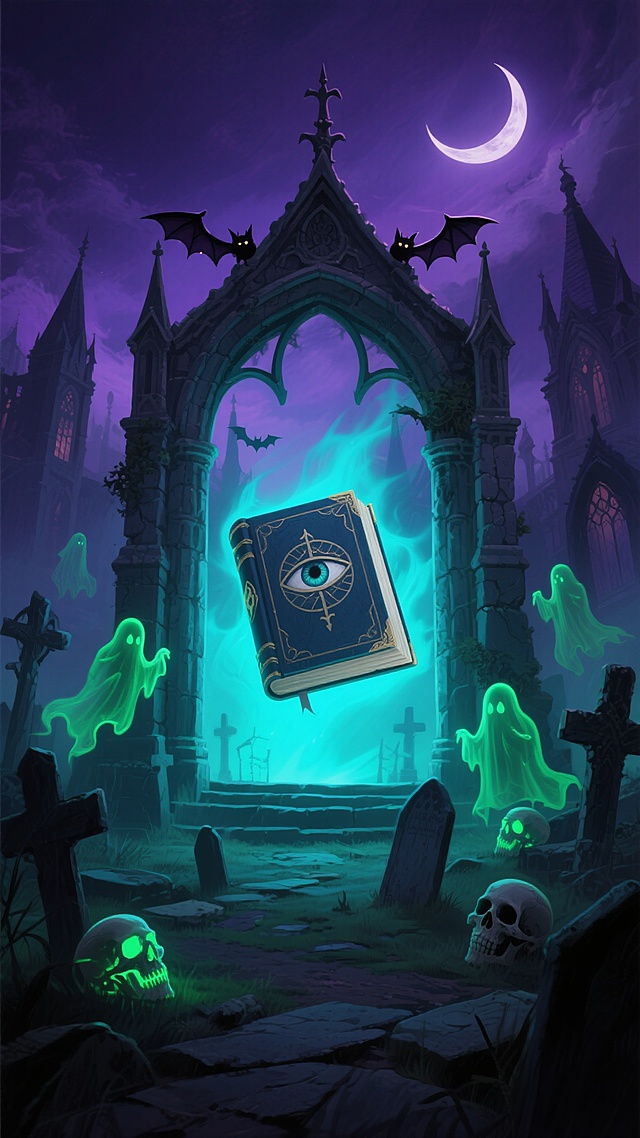 深紫色夜空下的哥特式神秘场景，中央是一座带有尖顶和蝙蝠装饰的宏伟石制拱门，拱门内透出幽幽蓝绿色光芒，光芒中悬浮着一本巨大的、封面有神秘眼睛符号的魔法书，书本周围环绕着绿色的幽灵和发光的骷髅头，地面上布满古老的墓碑和废墟，背景中朦胧可见更多的哥特式建筑轮廓，上方一轮弯月散发着微弱的光芒，整体画面充满奇幻恐怖氛围，采用暗色调与蓝绿色荧光的强烈对比，呈现出细腻的数字绘画质感和层次感。