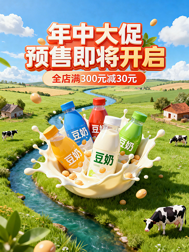 3D建模渲染风格，俯视视角，画面中心摆放不同颜色瓶装的豆奶产品，瓶身印有"豆奶"文字，被飞溅的豆奶环绕。背景是田园风光场景，有绿色草地、蜿蜒河流、乡村农舍、悠闲奶牛，搭配蓝天白云，充满自然氛围。海报上方有醒目的立体大标题"年中大促 预售即将开启"，下方标题栏写着"全店满300元减30元"。整体画面色彩明亮，饱和度高，色彩对比强烈，充满张力、活力和欢快的购物节促销氛围。