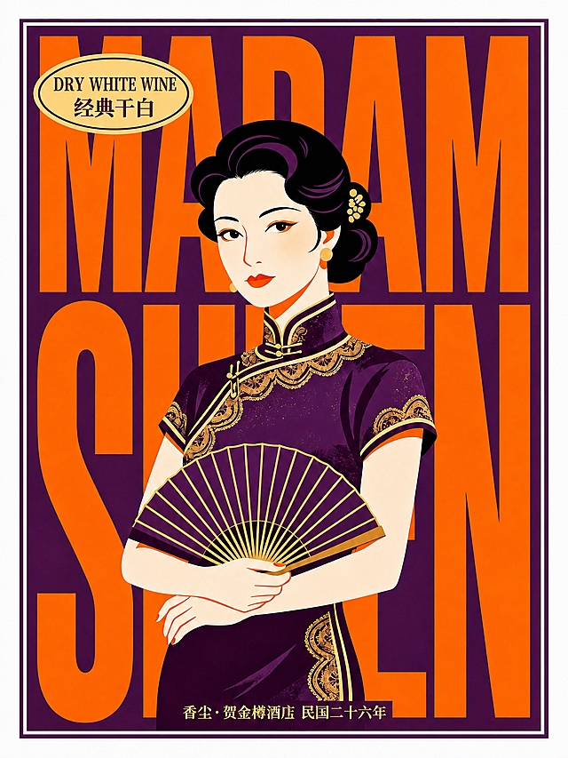 将左上角椭圆形徽章内的英文改为“DRY WHITE WINE”，中文改为“经典干白”，保持徽章的形状、颜色、描边和整体复古风格不变；底部文字保持不变。画面人物、背景、构图和整体风格保持不变。