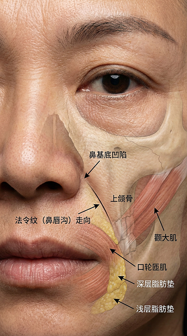 生成一张亚洲人面部，由于鼻基底塌陷导致法令纹产生，要求真实效果，8K分辨率，有法令纹医学注释和皮下组织结构。