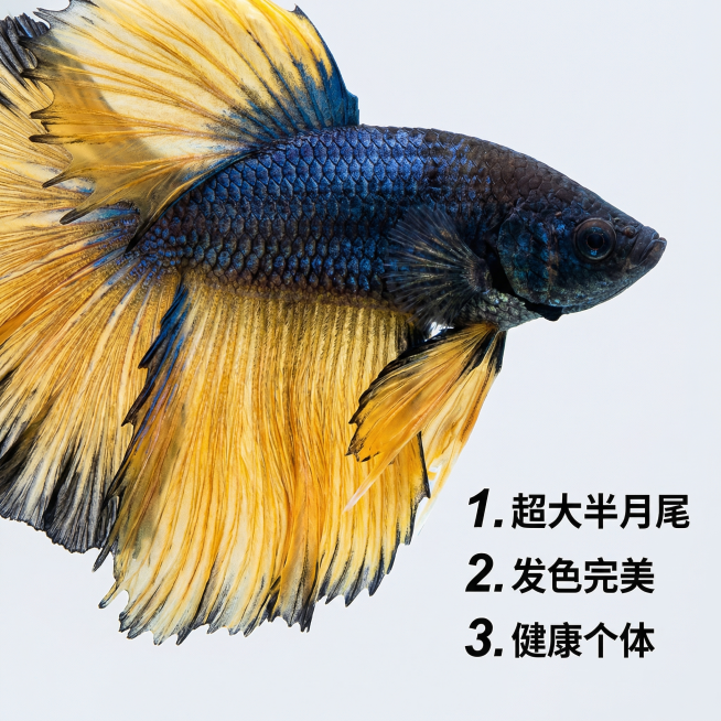 [主图 2] 芥子斗鱼细节展示主图
[氛围风格] 高清写实，水族风格，真实直观
[画面元素] 商业摄影质感，光线柔和明亮，产品清晰真实，画面干净高级。特写放大展示芥子斗鱼的半月尾鳍纹理和鳞片光泽，保留预览效果