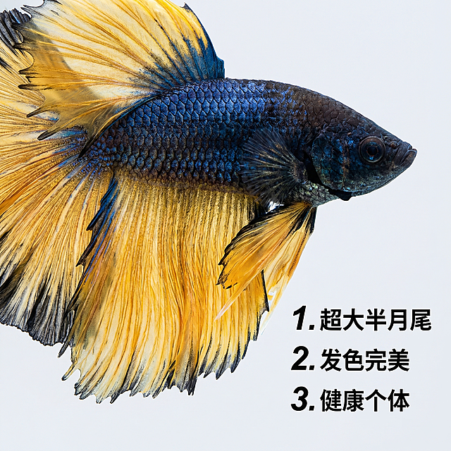 [主图 2] 芥子斗鱼细节展示主图
[氛围风格] 高清写实，水族风格，真实直观
[画面元素] 商业摄影质感，光线柔和明亮，产品清晰真实，画面干净高级。特写放大展示芥子斗鱼的半月尾鳍纹理和鳞片光泽，保留斗鱼本身真实蓝黄黑色泽，背景为纯净浅灰色，虚化背景突出细节纹理，无边框满铺
[配色色系] 浅灰纯净背景，突出斗鱼自然色彩
[视角构图] 特写平视，主体占据画面中心，景深较浅
[文字版式] 右侧分点展示三个核心亮点：1. 超大半月尾 2. 发色完美 3 健康个体，数字加粗，文字清晰，全部不遮挡斗鱼主体
[比例分辨率] 1:1比例，2k分辨率，文字清晰可辨，超高清
[负向提示词]变形，水印，文字错乱，产品模糊，背景杂乱，遮挡主体，配色刺眼