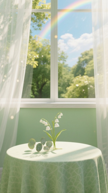 明亮通透的窗台场景，阳光透过轻薄飘逸的白色纱帘洒入，空气中漂浮着细微的光斑和彩虹光晕，窗外是绿意盎然的树木和蓝天白云，浅绿色的窗台背景墙，前景摆放着一张铺有浅绿色暗纹桌布的圆形展示台，展示台上点缀着几朵清新淡雅的白色铃兰和几片带有露珠的尤加利叶，整体色调以嫩绿、白色和阳光的暖黄色为主，营造出宁静、自然、温馨的氛围，3D渲染，高清晰度，柔和光影，细节丰富。预览效果