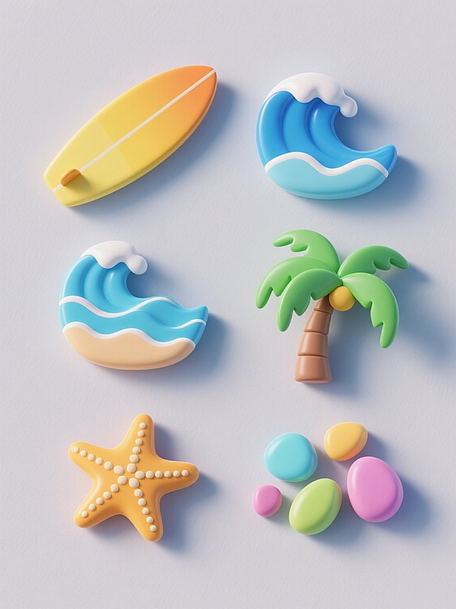 3D风格，六个规整排布的夏日元素素材，每个素材包含冲浪板、渐变黄色冲浪板、蓝色海浪、绿色棕榈树、海星、彩色鹅卵石等夏天氛围元素，整体造型简约现代，纯色背景，无文字，无logo，无水印，光滑的3D质感，明亮的色彩搭配，清晰的光影效果，物体边缘圆润，细节精致，每个素材独立且排布整齐。