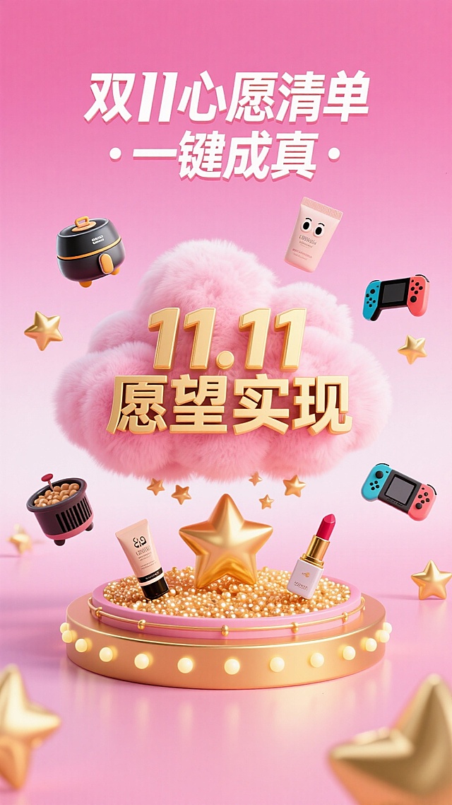 梦幻粉红背景，软3D风格毛绒云朵托起金色“11.11”字样，拟人化商品环绕飞舞，鎏金星星与珍珠点缀，营造甜蜜可爱氛围，传递双11心愿成真主题。