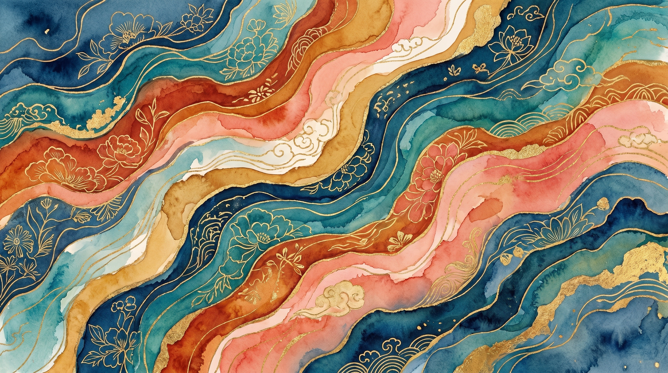 蜿蜒流淌的层叠色块作为主体动线，整体既有传统东方工笔画的雅致，… - 图片创意预览