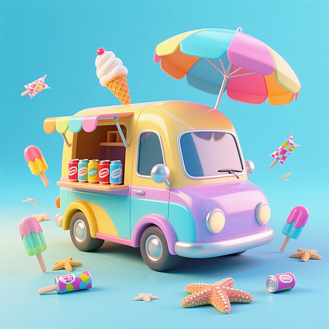 一辆冰淇淋车，周围有冰棒、饮料、海星、遮阳伞等元素做装饰，撞色，淡蓝色背景