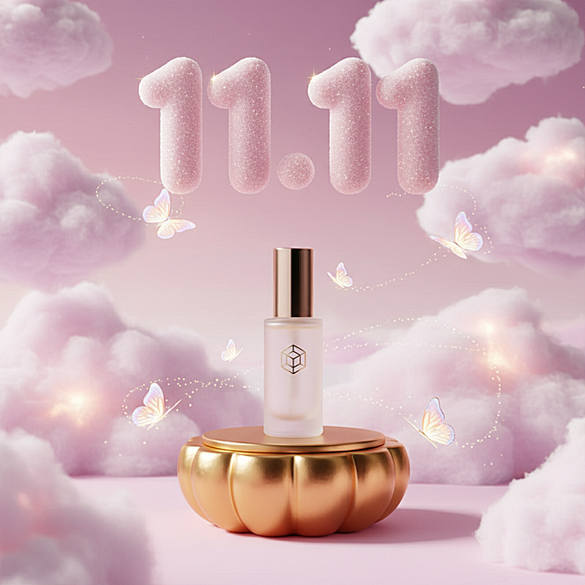 梦幻粉紫云境中，鎏金底座托举晶莹瓶身，软3D风格融合粒子光效与翩跹蝴蝶，营造唯美甜蜜的虚拟自然氛围，呼应双11节日奢美主题。