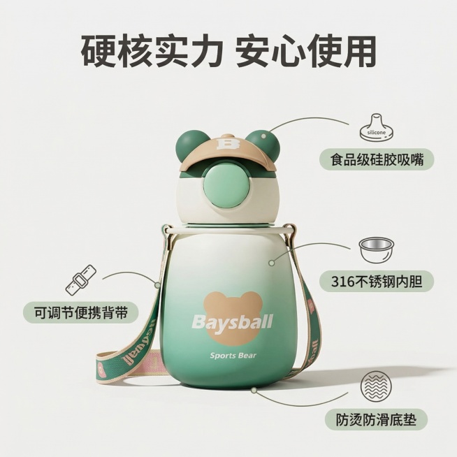 [主图2]：帽帽熊水杯核心卖点展示，[氛围/风格]舒适简约、家居治愈、明亮柔光，[画面元素]绿色渐变款保温款水杯居中，周围用纤细引线连接对应部位标注卖点：杯盖连接“食品级硅胶吸嘴”，杯身连接“316不预览效果