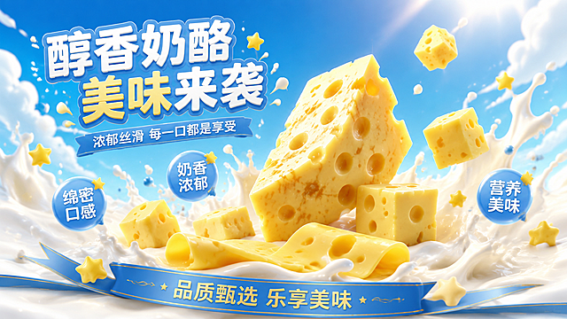 蓝色系奶酪宣传海报，超市食品宣传风格，3D渲染质感，明亮通透食欲感。画面主体为多块金黄色带孔洞的奶酪，包括三角大孔奶酪、方形奶酪块、奶酪切片等多种形态，错落悬浮陈列，周围有牛奶和奶酪液飞溅的动势，搭配白色奶花与黄色星星装饰点缀。背景为渐变蓝色天空，飘着蓬松白云，整体色调以蓝色和奶白色为主，清新治愈。画面上方主标题文字为"醇香奶酪 美味来袭"，副标题为"浓郁丝滑 每一口都是享受"，画面中分布三个卖点标签："绵密口感"、"奶香浓郁"、"营养美味"，底部装饰文字为"品质甄选 乐享美味"。版式精美，文字清晰可读，文字不遮挡奶酪主体。画面中不出现价格、不出现具体品牌名称、不出现任何品牌logo和商品包装文字，仅展示奶酪产品本身与宣传文案。16:9横版构图，超高清4K画质，商业海报质感，光影柔和，材质真实细腻。