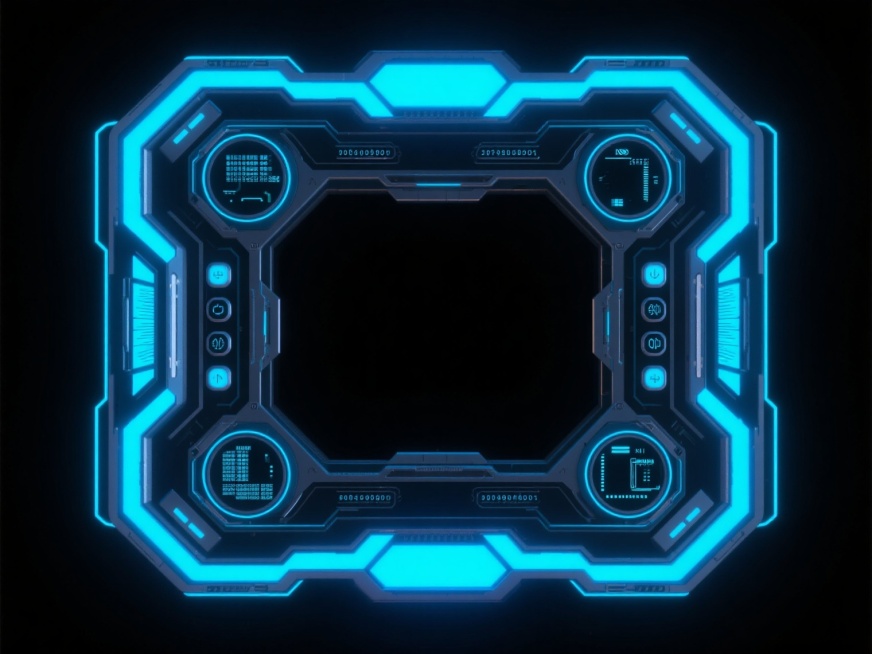 正面视角的高质量清晰3D科技框架，框架精细边缘为鲜艳科技蓝色，包含数字可视化、机械元素、科幻风格、电子屏幕、按钮、科技感、对称设计、圆形与方形几何图形、发光效果，中央大面积为纯黑色无任何元素，背景纯黑预览效果
