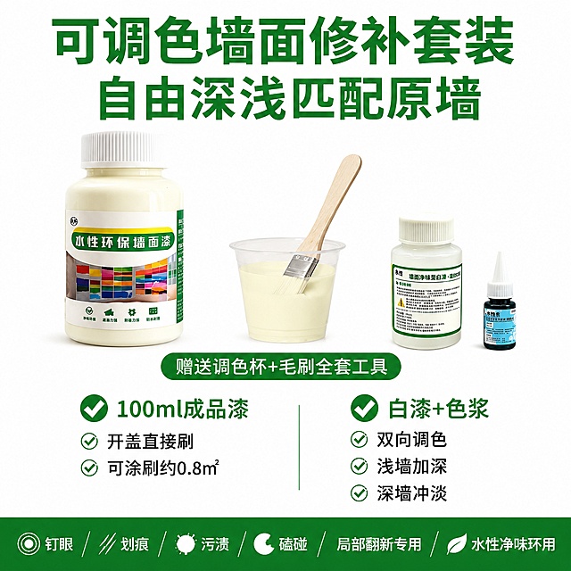 [单张主图] 可调色墙面修补套装电商主图，爆款促销感路线，清晰展示全套修补产品卖点。
[画面主体] 纯白干净背景，画面居中横向摆放全套修补产品，保持产品外观、物理结构、材质质感、颜色与输入产品图绝对一致，杜绝任何变形和色差；左侧放置100ml水性环保成品漆，中间是赠送的调漆杯和木柄毛刷，右侧放置白漆和尖嘴色浆组合；商品主体占比约65%，产品全部清晰完整可见。
[构图版式] 使用顶部大标题型标准三段结构，顶部占比28%放置主标题，中部放置产品主体占比55%，底部放置通栏信息条占比17%，排版对称均衡，文字分层不遮挡产品，适合平台缩略图展示。
[文案版式] 顶部居中加粗绿色大标题："可调色墙面修补套装
自由深浅匹配原墙"；画面中部绿色对勾卖点标签分左右两大块：左侧标签✅ "100ml成品漆
开盖直接刷
可涂刷约0.8㎡"，右侧标签✅ "白漆+色浆
双向调色
浅墙加深
深墙冲淡"；画面中部绿色标识标注文字："赠送调色杯+毛刷全套工具"；底部通栏横幅小字："钉眼 划痕 污渍 磕碰
局部翻新专用
水性净味环保"。文字清晰可读，大小对比层级分明，绿色大字对比干净白色背景，所有文字绝对不遮挡产品主体。
[光影质感] 商业产品布光，主光正面打亮产品，辅光补匀阴影，产品轮廓清晰，材质质感真实，整体光线均匀通透，画面干净高级，产品清晰真实。
[配色字体] 背景纯白色，主标题使用加粗绿色无衬线字体，卖点文字使用黑色和绿色搭配，大标题最大，卖点标签文字中等大小，底部文字最小，对比清晰辨识度高。
[比例分辨率] 1:1正方形比例，2048px宽度，2048px高度，分辨率2K，文字清晰锐利，画面超高清。
[负向提示词] 变形，文字错乱，产品模糊，背景杂乱，水印，电商平台Logo，文字遮挡产品，色差，结构错误