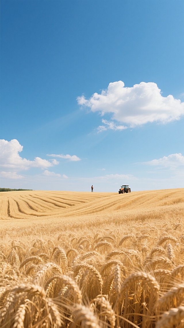 一片广阔无垠的金色麦田，麦穗饱满低垂，在微风中轻轻摇曳，形成层层叠叠的金色波浪。天空湛蓝，漂浮着几朵洁白的云彩，远处地平线上有一个小小的人影和一辆拖拉机，营造出宁静而丰收的田园氛围。