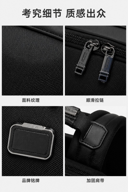 [第4屏] 工艺细节展示页，分宫格展示轻奢商务双肩背包面料、拉链、五金、肩带的细节。本屏使用【图2】截取对应局部细节。
[标题版式] 顶部通栏主标题，下方2×2宫格布局，每个宫格底部小字标注细节名称预览效果