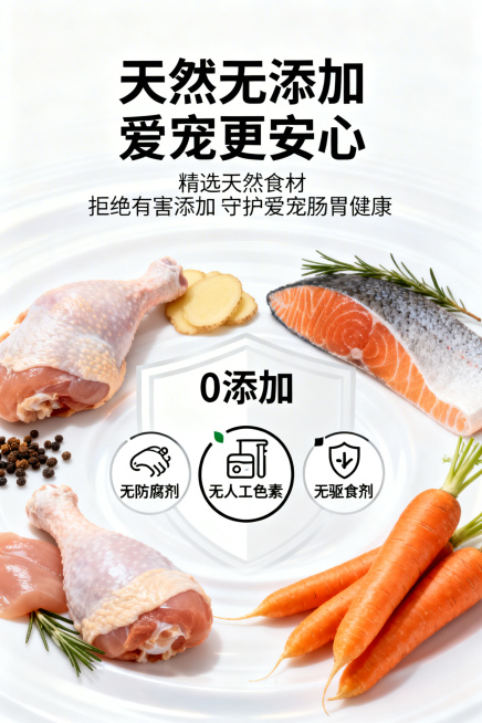 2:3 竖版电商详情图，不展示产品包装，以成分安全可视化呈现。画面中心为 “0 添加” 图标（无防腐剂、无人工色素、无诱食剂），周围环绕天然食材的实物特写，背景为纯净白色渐变。主标题："天然无添加 爱预览效果