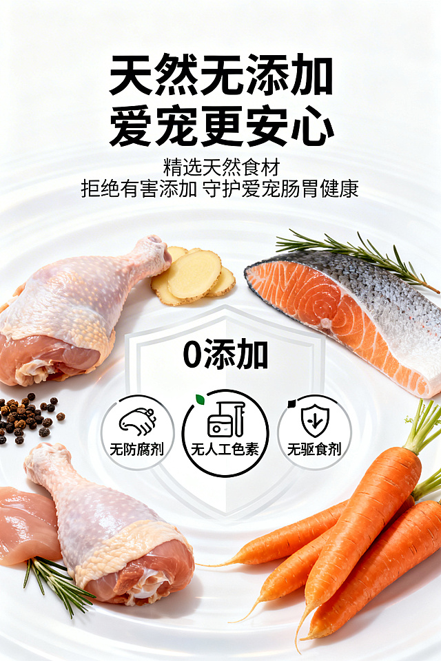 2:3 竖版电商详情图，不展示产品包装，以成分安全可视化呈现。画面中心为 “0 添加” 图标（无防腐剂、无人工色素、无诱食剂），周围环绕天然食材的实物特写，背景为纯净白色渐变。主标题："天然无添加 爱宠更安心"，副标题："精选天然食材 拒绝有害添加 守护爱宠肠胃健康"，文字采用无衬线字体，中心聚焦排版，突出产品安全性，整体风格统一为专业可靠风，高清质感。负面提示词：禁止出现产品包装；禁止安全图标与产品无关；禁止模糊、低分辨率；禁止杂乱背景；禁止文字排版混乱；禁止使用夸张滤镜；禁止出现与产品无关的元素；禁止风格偏离专业可靠。
